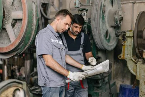 Engineer male workers team working service maintenance machine looking at b.. Stock Photos