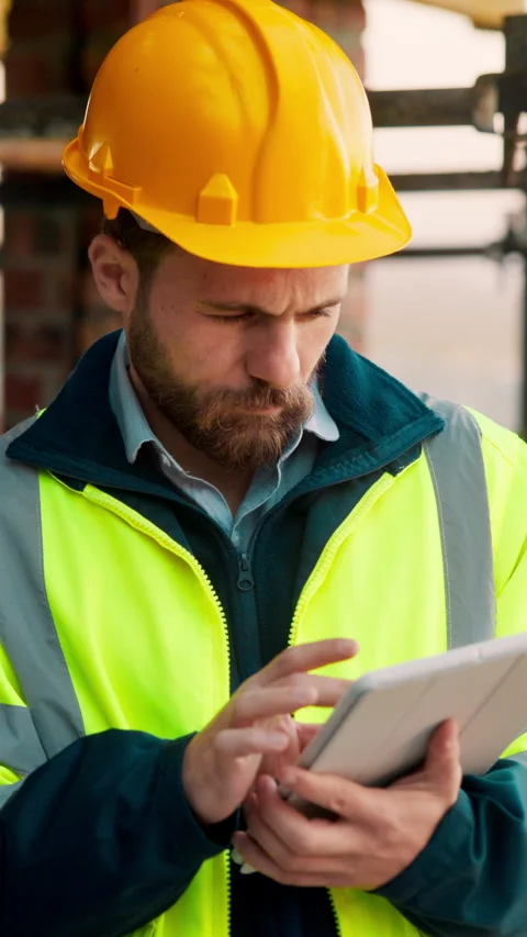 Engineer, man and inspection on construction site with tablet, review building Stock Footage 336192602