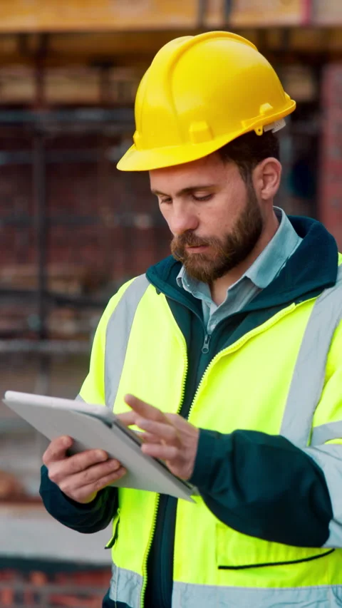 Engineer, man and scroll on construction site with tablet, review building Stock Footage 336211154