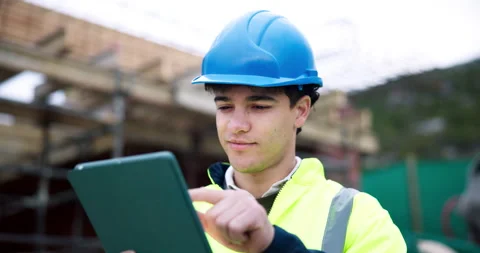 Engineer, man and scroll on construction site with tablet, online building Vídeos de archivo 337026098