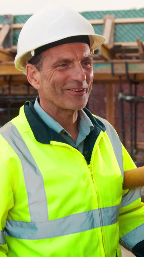 Engineer, man and talk at construction site with smile, planning and good news Stock Footage 336203701