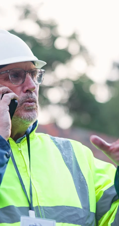Engineer, man and talk at construction site with phone call, explain building Stock Footage 340953723
