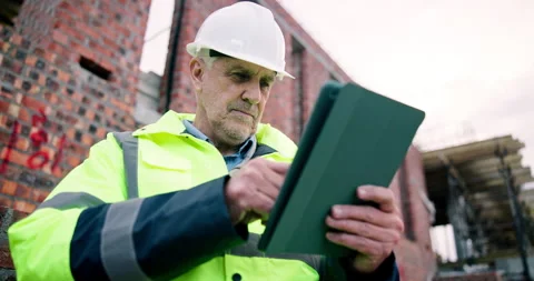 Engineer, man and thinking on construction site with tablet, industrial work and Stock Footage 337036831