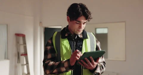 Engineer, man and thinking with tablet for construction, renovation or Stock Footage 341579197