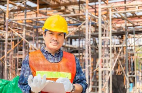Engineer man checking and planning project at construction site Fotos de archivo