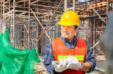 Engineer man checking and planning project at construction site Stockfoto's