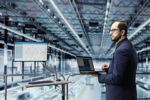 Engineer man designs integrated circuit layout using EDA software on laptop Stockfoto's