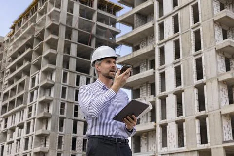 Engineer man in helmet use tablet computer for controls construction of sky.. Foto stock