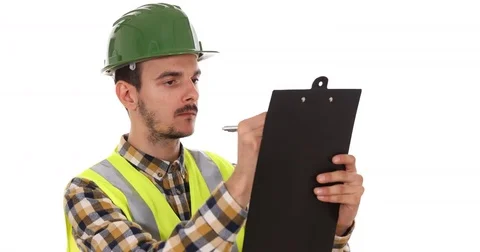 Engineer Man Holding Clip Board Handwriting Control Document Security Form List Stock Footage 77005809
