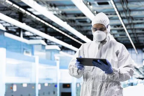 Engineer man inspecting semiconductor production infrastructure with tablet 스톡 사진