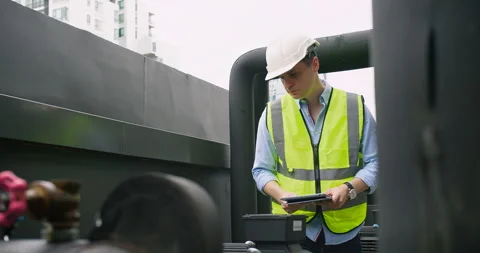 A Engineer man looking inspecting maintenance insulated pipelines valve pump con Stock Footage 271169973