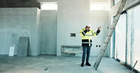 Engineer, man or phone call at building site for planning, renovation or Stock Photos