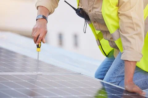 Engineer, man or solar panels for clean energy, maintenance for building or Fotos de archivo