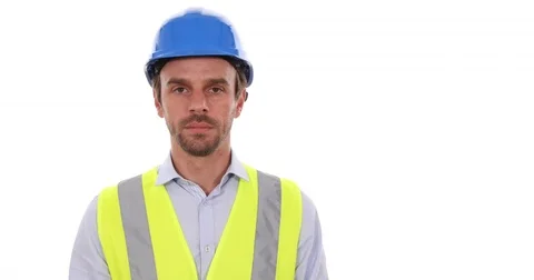 Engineer Man Portrait Looking to Camera Posing Serious Ok Sign White Background Stock Footage 83393973