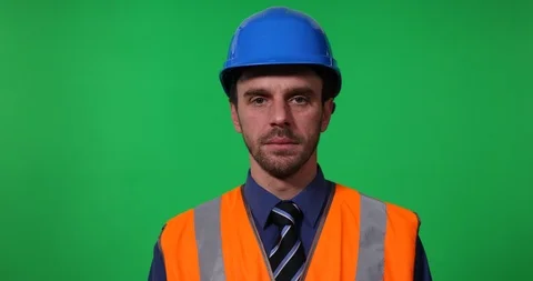 Engineer Man Portrait Looking Camera Posing Serious Look Green Screen Background Stock Footage 87952045