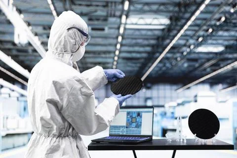 Engineer man processing silicon wafer using EDA software Foto stock