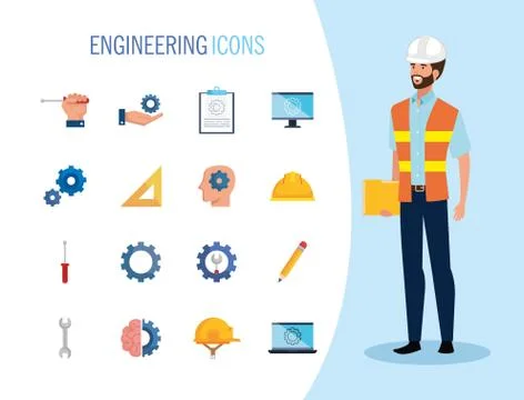 Engineer man with set icons working Stock Illustration