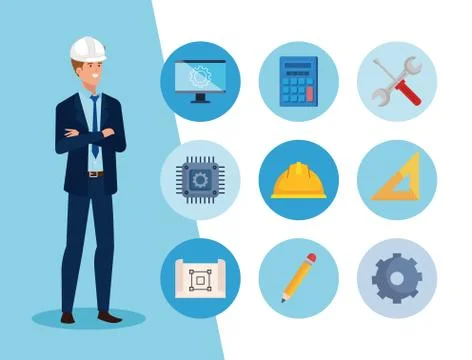 Engineer man with set icons working Stock Illustration