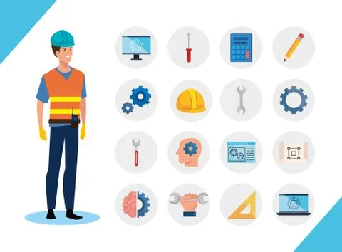 Engineer man with set icons working Stock Illustration
