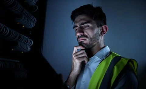 Engineer man, thinking and dark server room for information technology Stock Photos
