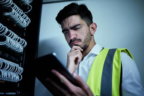 Engineer man, thinking and tablet in server room for information technology Stock Photos