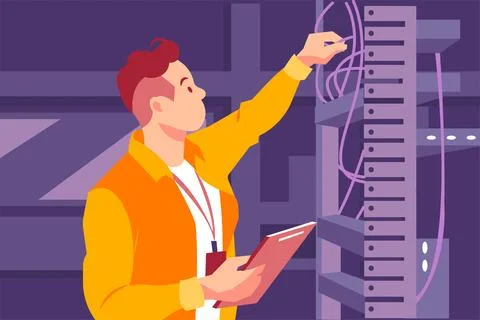 Engineer man verifying the optical fiber Stock Illustration