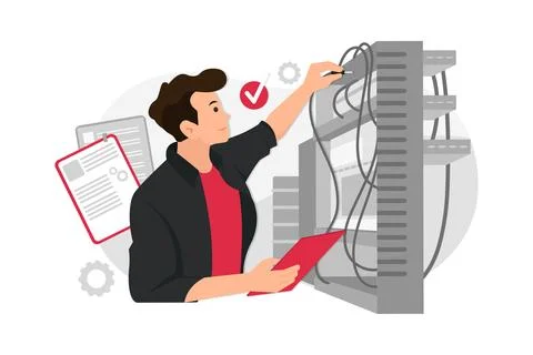 Engineer man verifying the optical fiber Stock Illustration