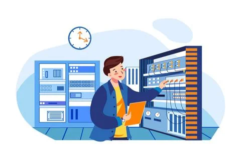 Engineer man verifying the optical fiber Stock Illustration