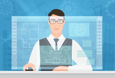 Engineer man working using virtual media interface workspace. Engineer working Stock Illustration