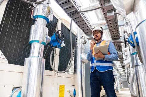 Engineer man working with water pipe line in gas oil industry workplace Foto stock