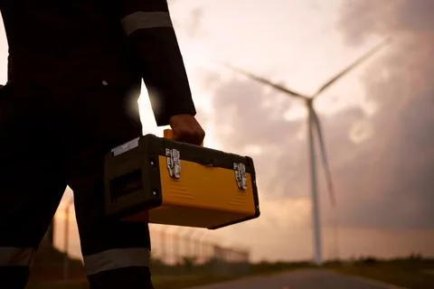 Engineer man working at windmill farm generating electricity clean energy. Wind  Stock Photos