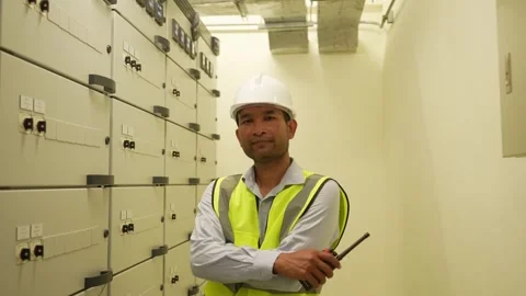 Engineer man in a yellow vest stands in Panel room Stock Footage 280732480