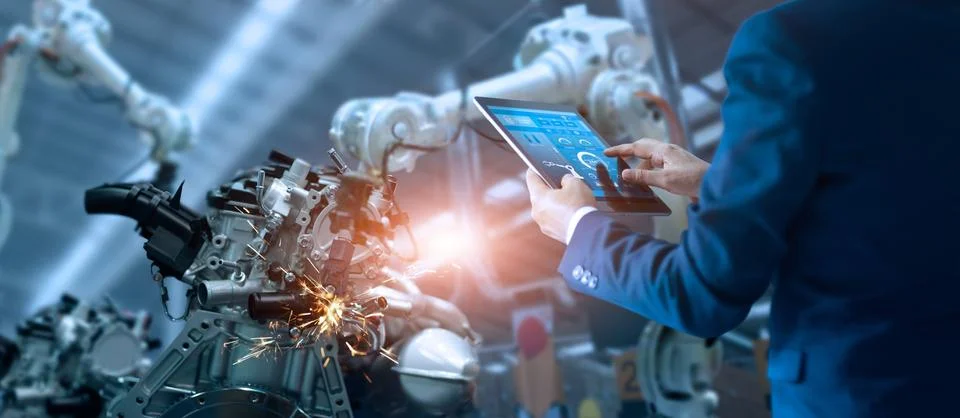Engineer manager control automation robot arms machine. 库存照片