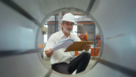 Engineer manager leader man sitting at manufacturing factory recheck product 스톡 동영상 237008483