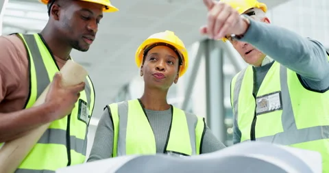 Engineer manager, teamwork and people with blueprint for construction, design or Stock-Footage 246756761