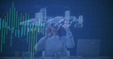 Engineer manipulating holographic building at desk with VR headset, bar charts, Stock Illustration