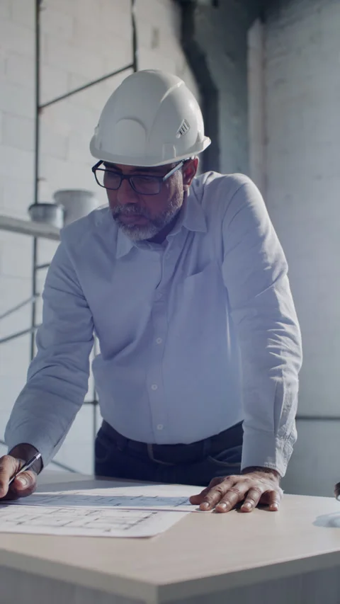 Engineer Marking Architectural Plan with Pencil at Building Site Stock Footage 332249626