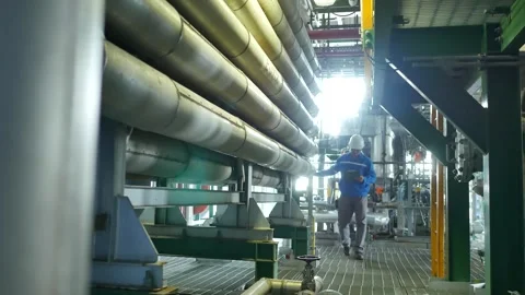 An engineer mawalking through a complex industrial environment, likely a chemica Vídeo Stock 323305458