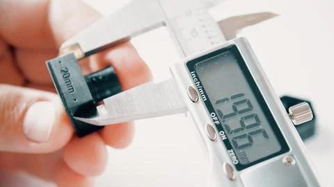 Engineer measures 3D printed sample with an electronic caliper or calliper Stock Photos