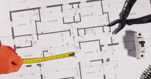 Engineer measures room and puts socket onto house drawing Stockbeeldmateriaal 277186259