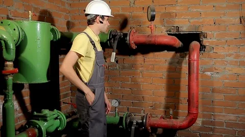 The engineer measures the temperature of the heating pipe with a laser pyrometer 스톡 동영상 77121571