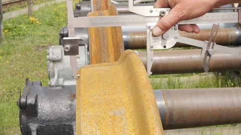 An engineer measures train wheel with tool ensuring safety and efficiency Close Stock Footage 278976853