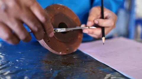 Engineer Measuring Cupping Rotor Size with Vernier Caliper Stock Footage 297919778