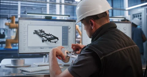 Engineer Measuring Metal Prototype with Caliper in Front of 3D CAD Screen Stock Footage 344387471