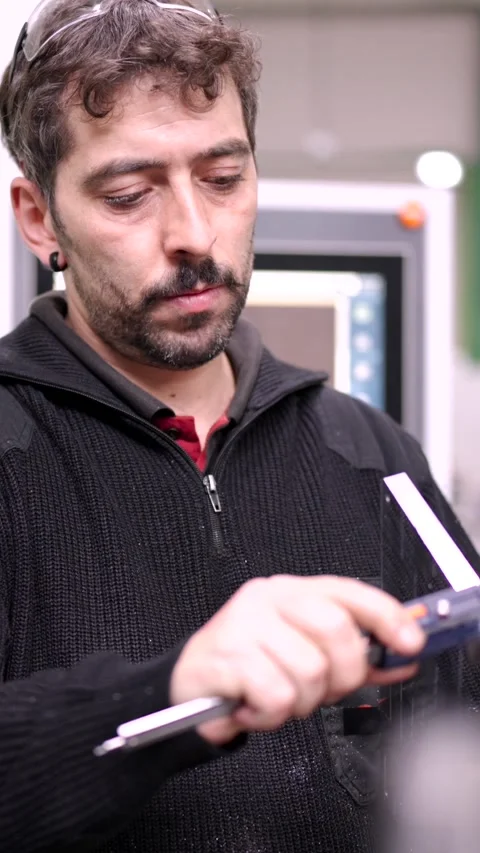 Engineer measuring a piece of metal using a caliper Stock Footage 257833882