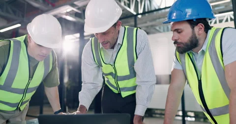 Engineer, men and construction team with laptop, planning or renovation idea for Stock Footage 342780885