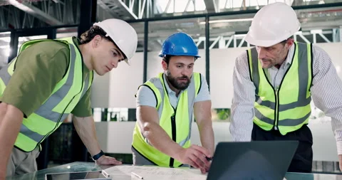 Engineer, men and construction team with laptop, maintenance planning or Stock Footage 342780913