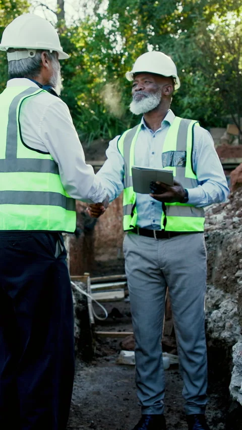 Engineer, men and handshake at construction site with tablet, excavation deal Stock Footage 340451427