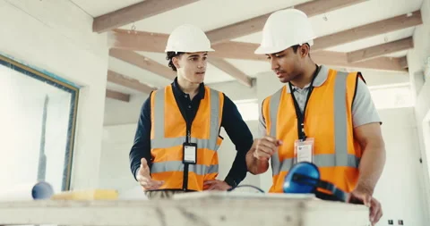 Engineer, men and talk with blueprint for home renovation, plan and opinion for Stock Footage 344942698
