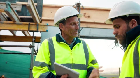 Engineer, men and talk on construction site with tablet, manager advice or Stock Footage 336204795